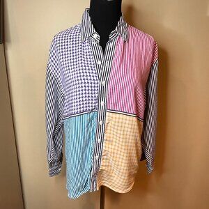 Vintage Liz Wear Size M Collared Button Up Shirt Color Block 80's Stripes Y2K